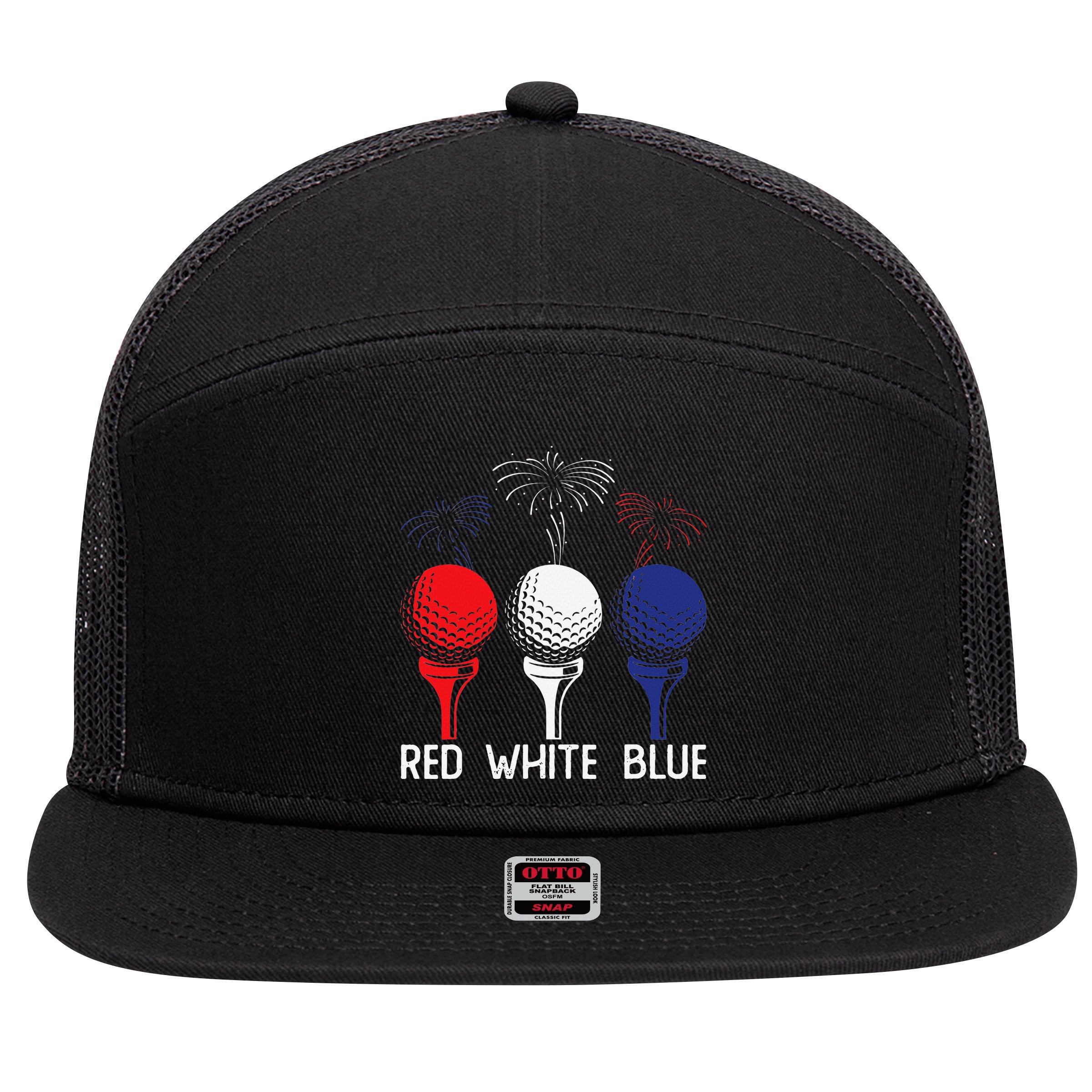 Golf Red White Blue Us Flag Patriotic 4th Of July 7 Panel Mesh Trucker Snapback Hat