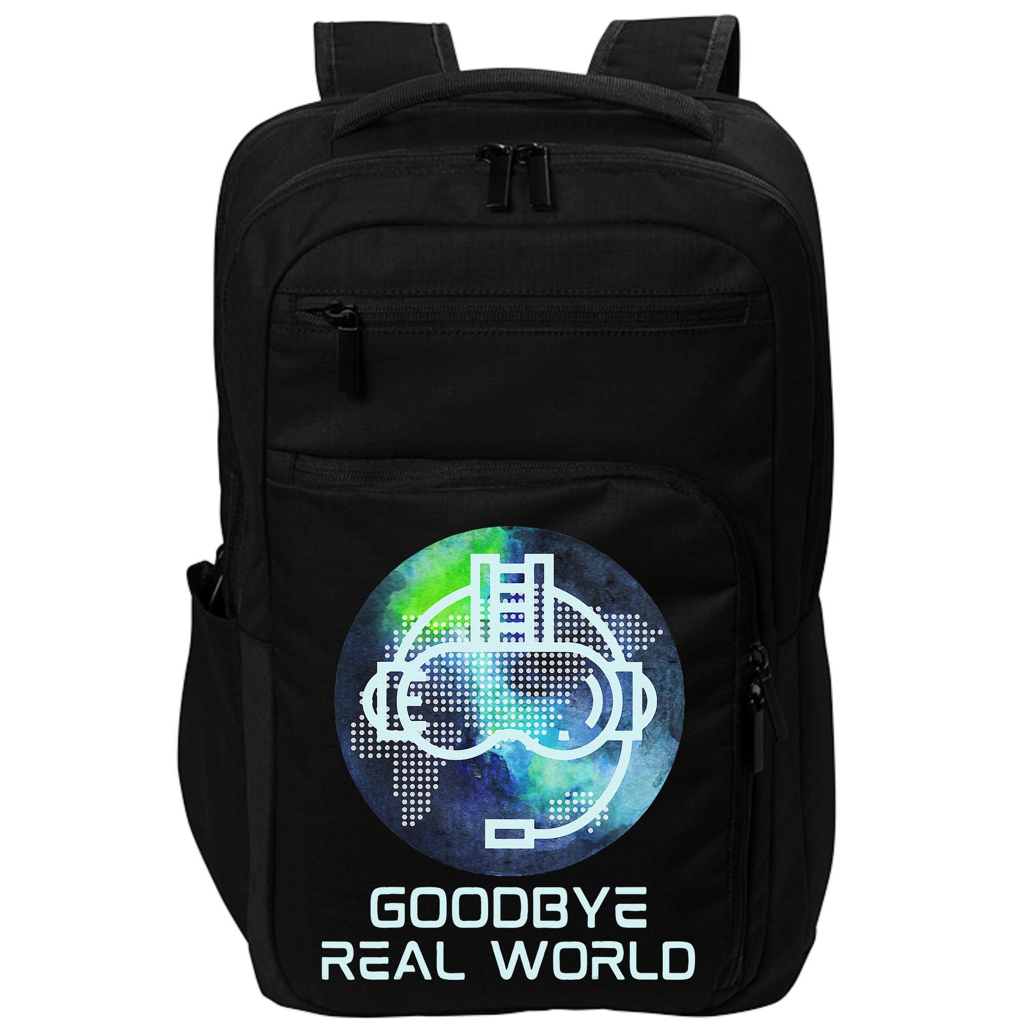 Goodbye Real World Virtual Reality VR AR Gamer World Headset Impact Tech Backpack