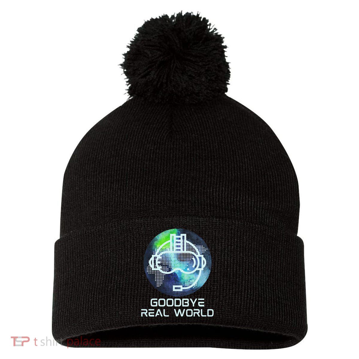 Goodbye Real World Virtual Reality VR AR Gamer World Headset Pom Pom 12in Knit Beanie