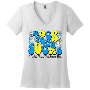 Groovy Rock Your Socks World Down Syndrome Awareness Day Women's V-Neck T-Shirt