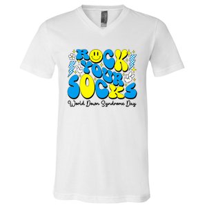 Groovy Rock Your Socks World Down Syndrome Awareness Day V-Neck T-Shirt