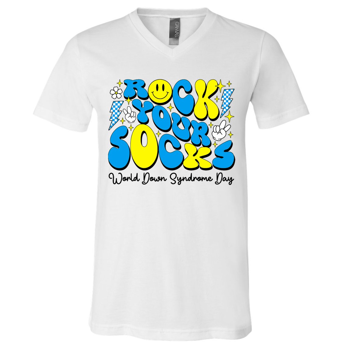 Groovy Rock Your Socks World Down Syndrome Awareness Day V-Neck T-Shirt