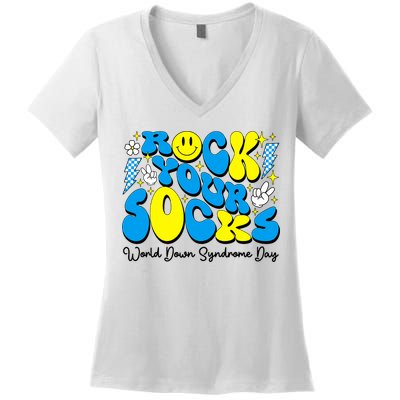 Groovy Rock Your Socks World Down Syndrome Awareness Day Women's V-Neck T-Shirt