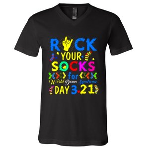 Gifts Rock Your Socks Down Syndrome Day Awareness V-Neck T-Shirt