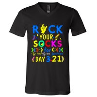 Gifts Rock Your Socks Down Syndrome Day Awareness V-Neck T-Shirt