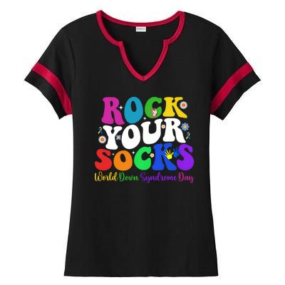 Groovy Rock Your Socks Down Syndrome Awareness Day Wdsd Ladies Halftime Notch Neck Tee