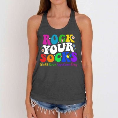 Groovy Rock Your Socks Down Syndrome Awareness Day Wdsd Women's Knotted Racerback Tank