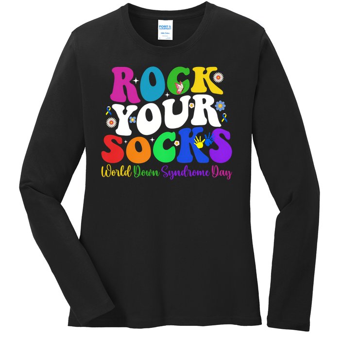 Groovy Rock Your Socks Down Syndrome Awareness Day Wdsd Ladies Long Sleeve Shirt