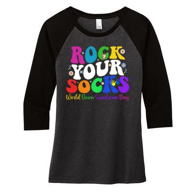 Groovy Rock Your Socks Down Syndrome Awareness Day Wdsd Women's Tri-Blend 3/4-Sleeve Raglan Shirt