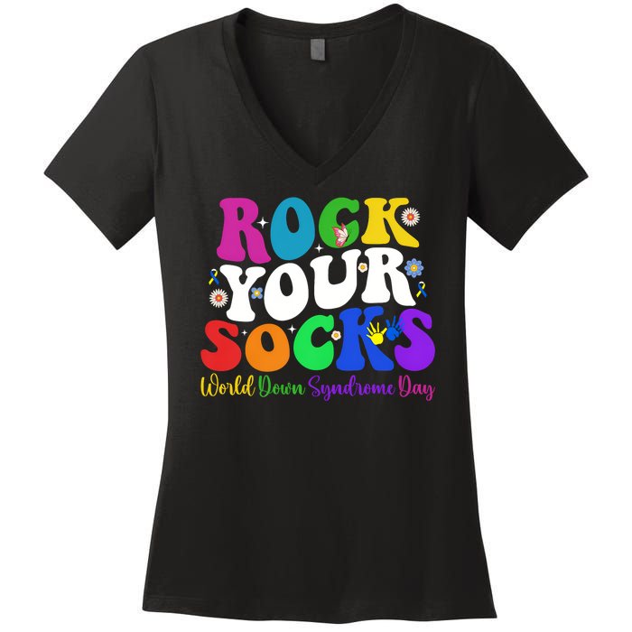 Groovy Rock Your Socks Down Syndrome Awareness Day Wdsd Women's V-Neck T-Shirt