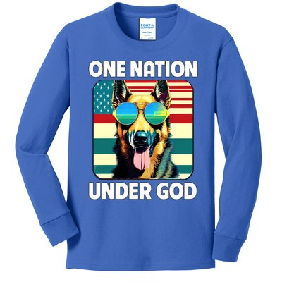 Ger Shepherd American Flag One Nation Under God Patriotic Gift Kids Long Sleeve Shirt