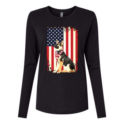 German Shepherd American Flag Shirts Independence 4th Of July Womens Cotton Relaxed Long Sleeve T-Shirt