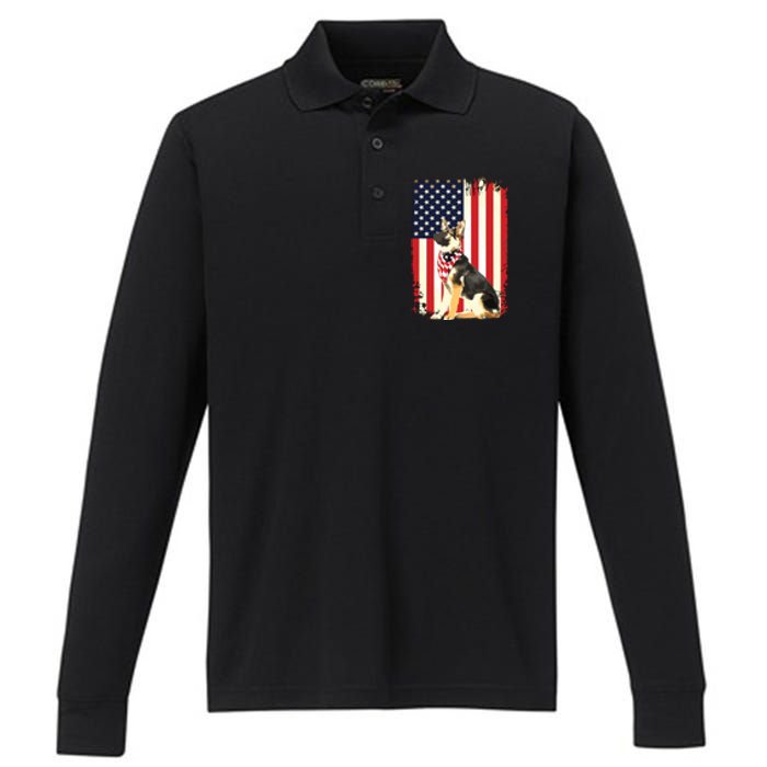 German Shepherd American Flag Shirts Independence 4th Of July Performance Long Sleeve Polo