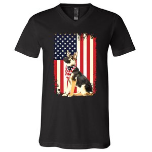 German Shepherd American Flag Shirts Independence 4th Of July V-Neck T-Shirt