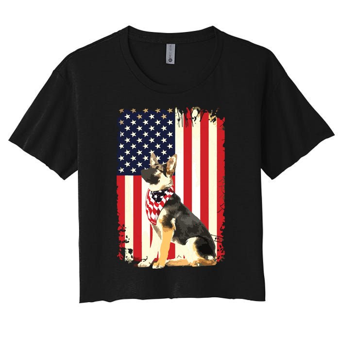 German Shepherd American Flag Shirts Independence 4th Of July Women's Crop Top Tee