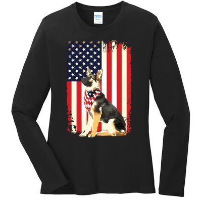 German Shepherd American Flag Shirts Independence 4th Of July Ladies Long Sleeve Shirt