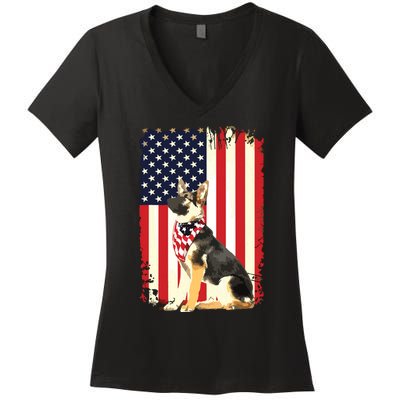 German Shepherd American Flag Shirts Independence 4th Of July Women's V-Neck T-Shirt