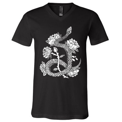 Gothic Snake and Flower Punk Design V-Neck T-Shirt