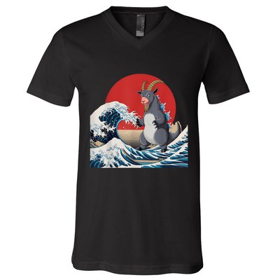 Goat Stuffed Animal Goat Costume Japanese Art Goatzilla V-Neck T-Shirt