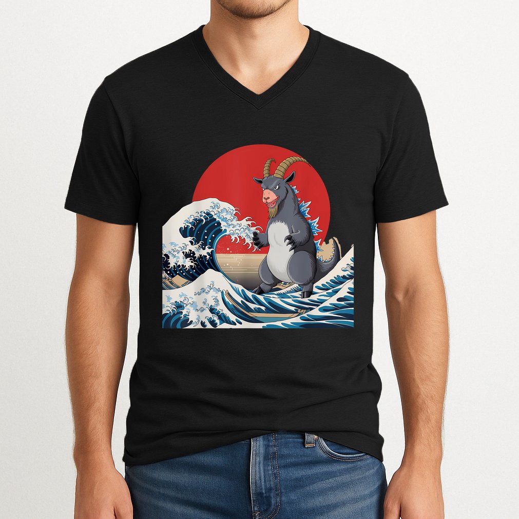 Goat Stuffed Animal Goat Costume Japanese Art Goatzilla V-Neck T-Shirt