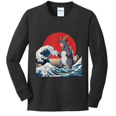 Goat Stuffed Animal Goat Costume Japanese Art Goatzilla Kids Long Sleeve Shirt