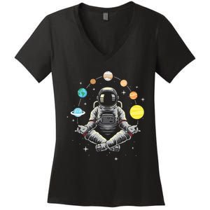 Galaxy Spaceman Astronomer Cosmos Meditating Astronaut Women's V-Neck T-Shirt