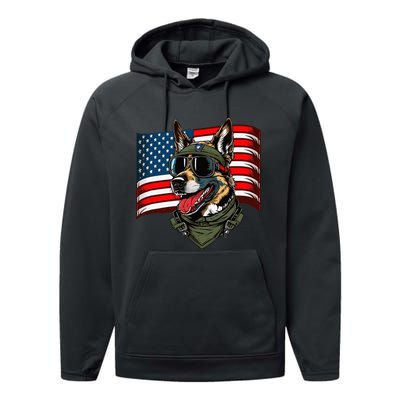 German Shepherd American Dog Soldier 4th Of July Performance Fleece Hoodie