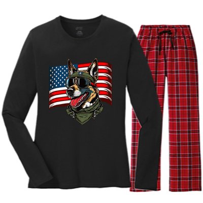 German Shepherd American Dog Soldier 4th Of July Women's Long Sleeve Flannel Pajama Set 