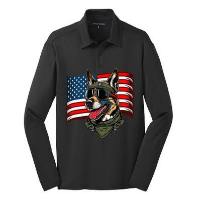 German Shepherd American Dog Soldier 4th Of July Silk Touch Performance Long Sleeve Polo