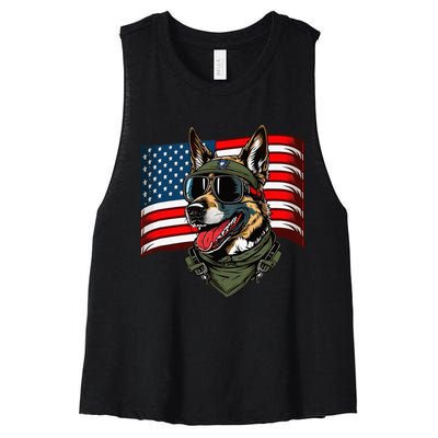 German Shepherd American Dog Soldier 4th Of July Women's Racerback Cropped Tank