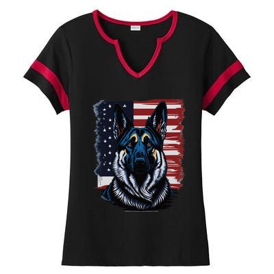 German Shepherd American Flag Usa Patriotic Dog Gift Ladies Halftime Notch Neck Tee