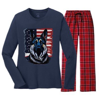 German Shepherd American Flag Usa Patriotic Dog Gift Women's Long Sleeve Flannel Pajama Set 