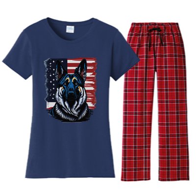 German Shepherd American Flag Usa Patriotic Dog Gift Women's Flannel Pajama Set