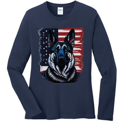 German Shepherd American Flag Usa Patriotic Dog Gift Ladies Long Sleeve Shirt