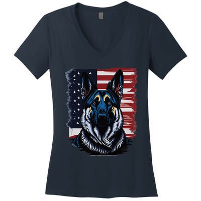 German Shepherd American Flag Usa Patriotic Dog Gift Women's V-Neck T-Shirt