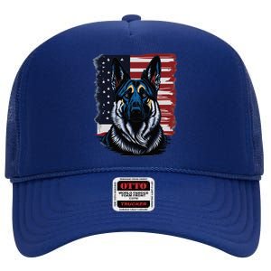 German Shepherd American Flag Usa Patriotic Dog Gift High Crown Mesh Back Trucker Hat