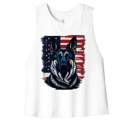 German Shepherd American Flag Usa Patriotic Dog Gift Women's Racerback Cropped Tank