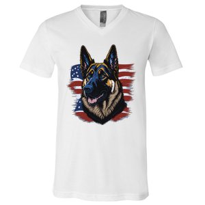 German Shepherd American Flag Dog V-Neck T-Shirt