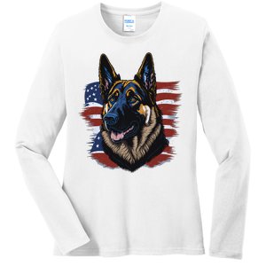 German Shepherd American Flag Dog Ladies Long Sleeve Shirt