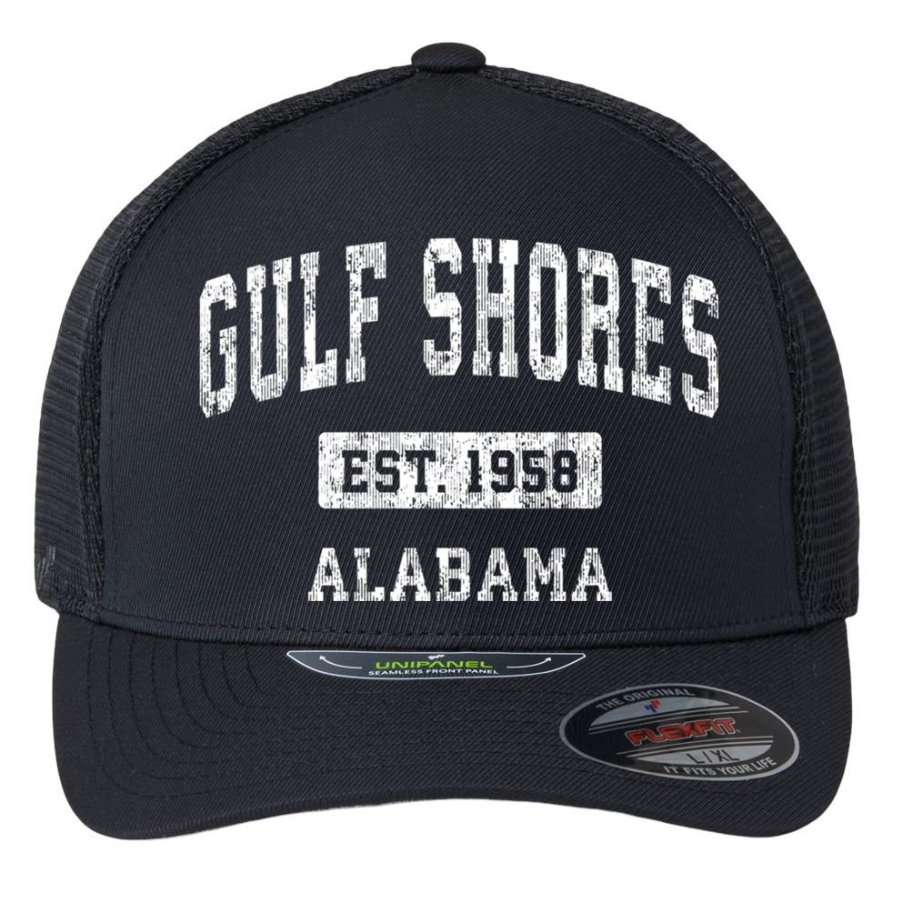 Gulf Shores Alabama Al Vintage Established Sports Design Flexfit Unipanel Trucker Cap
