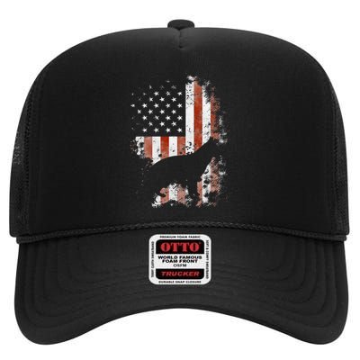 German Shepherd American Flag USA Patriotic Dog Gift High Crown Mesh Back Trucker Hat