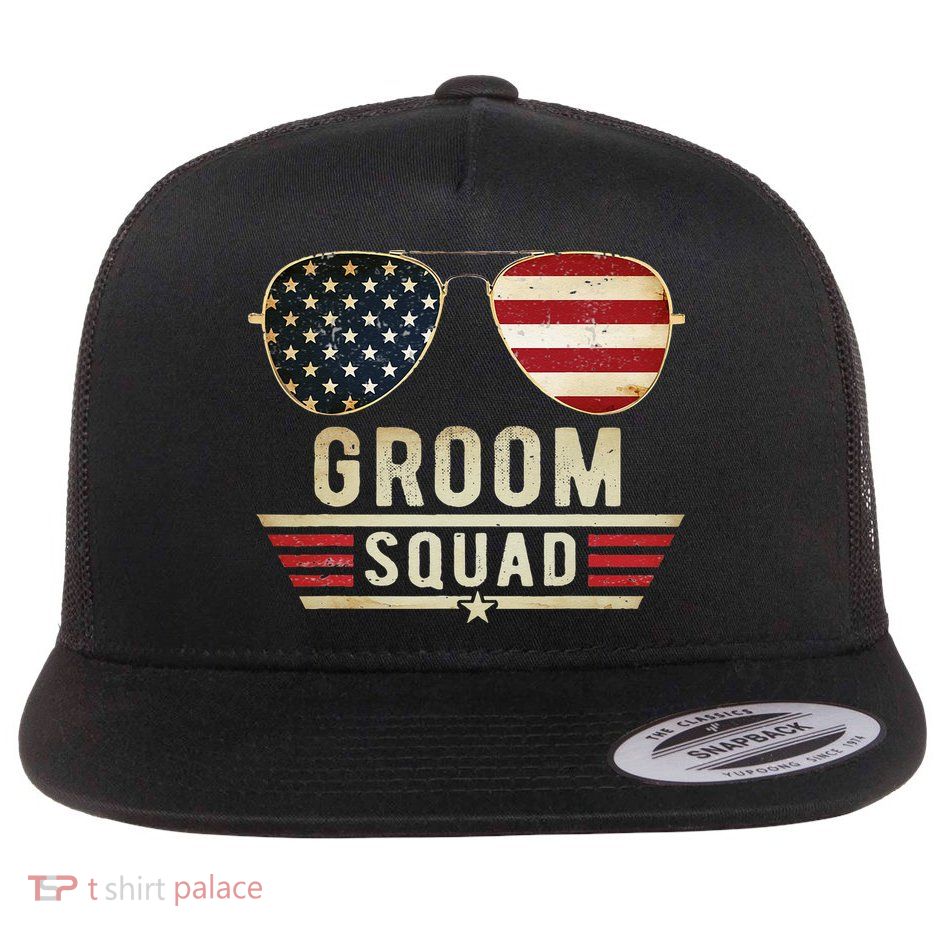 Groom Squad Bachelor Party Groomsmen Wedding USA Sunglasses Flatbill Hat