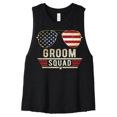 Groom Squad Bachelor Party Groomsmen Wedding USA Sunglasses Women's Racerback Cropped Tank