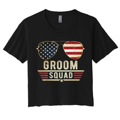 Groom Squad Bachelor Party Groomsmen Wedding USA Sunglasses Women's Crop Top Tee