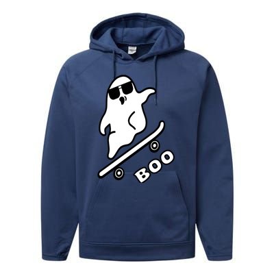 Ghost Skateboarding Boo Scary Halloween Tricks Or Treats Gift Performance Fleece Hoodie