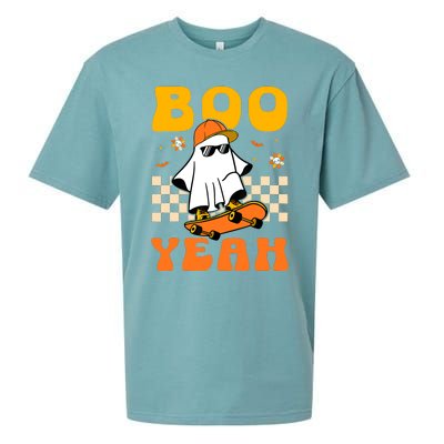 Ghost Skateboard Boo Yeah Groovy Halloween Costumes Boy Sueded Cloud Jersey T-Shirt