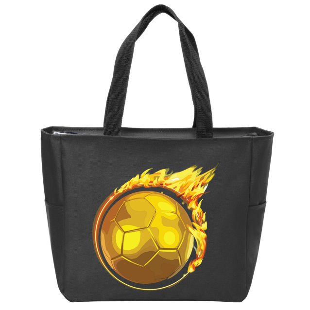Gold Soccer Ball Flames Flaming Flying Soccer Ball On Fire Zip Tote Bag