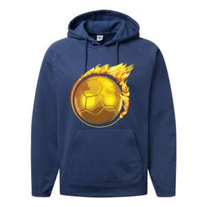 Gold Soccer Ball Flames Flaming Flying Soccer Ball On Fire Performance Fleece Hoodie