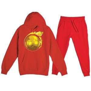 Gold Soccer Ball Flames Flaming Flying Soccer Ball On Fire Premium Hooded Sweatsuit Set