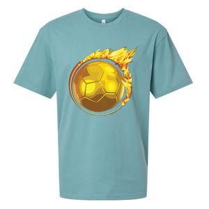 Gold Soccer Ball Flames Flaming Flying Soccer Ball On Fire Sueded Cloud Jersey T-Shirt